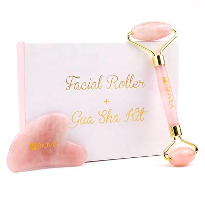 China Lowest Price Logo Manufacturer Custom Face Massager Anti Aging Face Natural Pink Quartz Jade Roller Gua Sha Set for sale