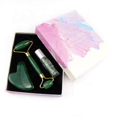 China High Quality Anti Aging New Product Face Body Massage Best Natural Green Guasha Jade Roller Set With Gemstone Container for sale