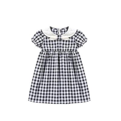 China Washable Summer Plaid Puff Sleeve Black And White Short Waist Dress For Kid Girls for sale