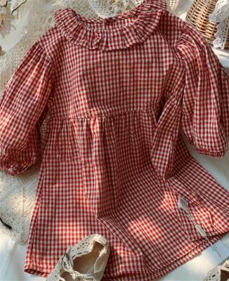 China Japanese Style Girls Doll Collar Plaid Cotton Breathable Canvas Small Mid Sleeve Dress For Kids Girls for sale