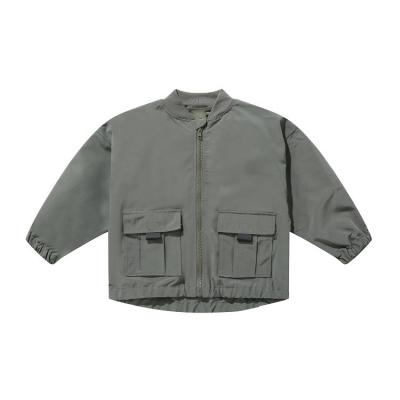 China Polyester& cotton & Spandex Quality Shiny Boys Army Green Zipper Baseball Collarless Bomber Jacket for sale