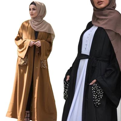 China Yibaoli Manufacturer Long Sleeve Beaded Pocket Kimono With Open Belt Kimono Women Abaya Middle East Islamic Clothing Wholesale for sale