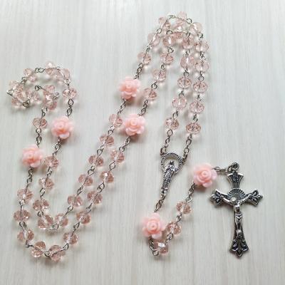 China Crystal Pink Rosary Necklace Mini Religious Pendants For Cross Necklace Catholicism Prayer Beads Cross Jewelry Necklace For Church for sale