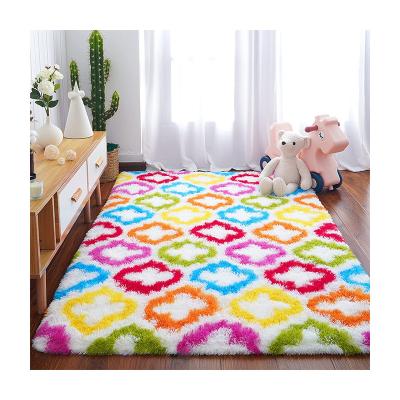 China Non-slip Indoor Modern Fluffy Plush Blanket Cozy Soft Rainbow Shaggy Geometric Bedroom Rugs for sale