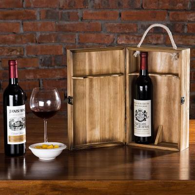 China Recyclable Burnt Color Torched Double Bottle Wooden Wine Box With Rope Handle for sale