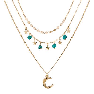 China New Jewelry 2021 Trendy Natural Turquoise Multilayer Crescent Pendant Necklace Small Star Clavicle Chain for sale