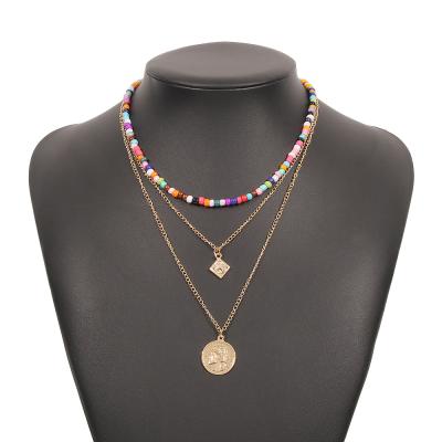 China New 2021 Fashion TRENDY Combination Necklace Alloy Color Beads Clavicle Necklace Bohemian Multilayer Female for sale