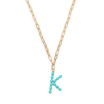 China 2021 Fashion Lady Alloy Simple And Stylish Cuban Chain Necklace Letter Turquoise Bead Pendant Necklace for sale