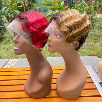 China Wholesale Bob Hair Natural Black Pixie Cut Short Human Hair 13X4 Brazilian Virgin Hair Bob Wave Curl Pixie Wig Feature for sale