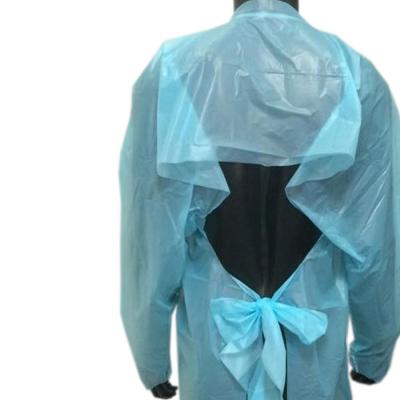 China Disposable blue dust proof water proof body protection cpe coated robe thumb loop cpe gown for sale