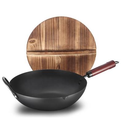 China Gas Cooker Dropshipping Handmade carbon steel Wok Non-stick Skillet Wok Pans home Cooking Pot Wooden Cover Gas Stove Induction Cooker for sale