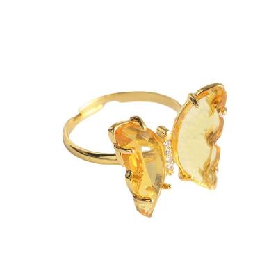 China Crystal Glass Gold Butterfly Romantic Stone Fully Adjustable Size Ring With Closure Open Showroom Photographic Props for sale