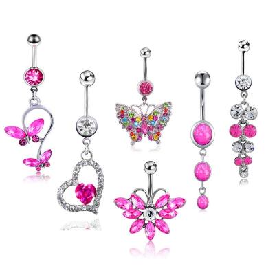 China Charcoal 6 in 1 Butterfly Love Tassel Jewelry Navel Ring Rose Combination Set Set Stainless Steel Natural Style for sale