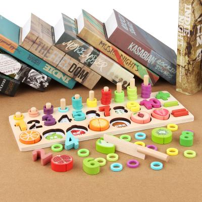 China Eco-Friendly 3 In 1 Children's Montessori Puzzle Toys Number Matching Board Wooden Digital Cognitive Logarithmic Shape Plate for sale