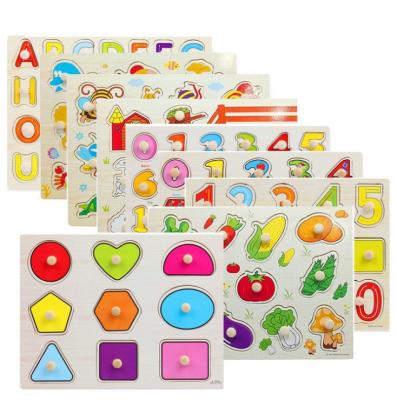 China Educational Baby Toy Cartoon Alphabet Fruit Wooden Jigsaw Puzzle Eco-Friendly Material Hand Grasping Board for sale