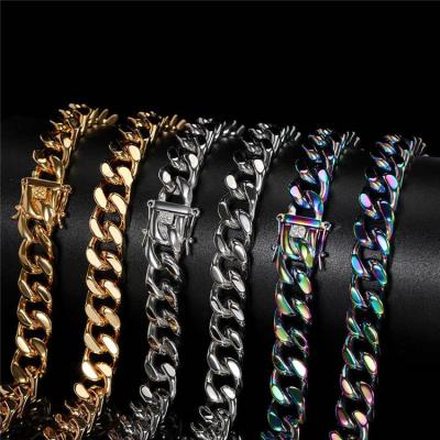 China Lead Free Stainless Steel 8mm Four Sides True Miami Clasp Cuba Chain Plated 18K Gold Hip Hop Necklace for sale