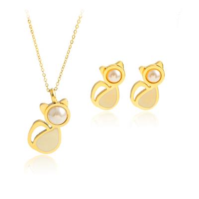 China Cute Women Fashion Golden Pearl Cat Pendant Stainless Steel Necklace And Earring Set for sale