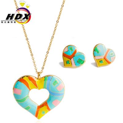 China FASHIONABLE HDX Jewelry Factory Colorful Enamel Gold Plated Stainless Steel Heart Jewelry Set for sale