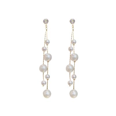 China FASHIONABLE Post 925 Silver Gold Plated Strand Cluster Pearl Long Chain Earring Pearl Dangle Earrings for sale