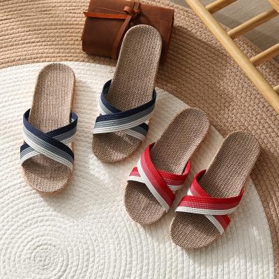 China CUSHIONING new female striped canvas summer style home non-slip open-toed non-slip cotton and canvas slippers for sale