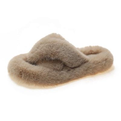 China Fashion Trend Autumn Winter Home Cross Upper Warm Flat Fluffy Slippers For Women for sale