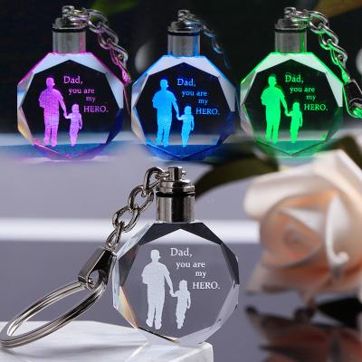 China Crystal Customization Wholesale Technological Custom Round Square Heart Octagonal Shape Led Light Glass Crystal Car Keychains for sale