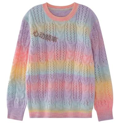 China Anti-wrinkle Gradient Women Irregular Sweater Tie Dye Rainbow Sueter Around Neck Hollow Mohair Pullover for sale