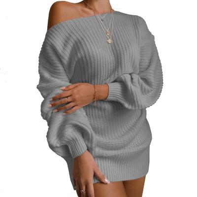 China and American Anti-wrinkle European Christmas ladies sweater casual off-shoulder lantern sleeve knitted sweater dress for sale