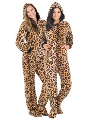 China RTS One Shoulder Leopard Cheetah Fleece Onesie QUICK DRY Adult Animal Overalls With Anti Slip for sale