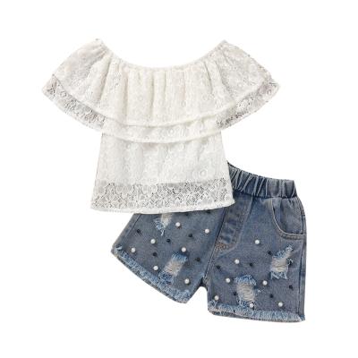 China 2021 New Summer Casual Girls Off Shoulder Lace Sweater With Beaded Jeans Set Baby Shorts And Top Designs Kids Clothing for sale