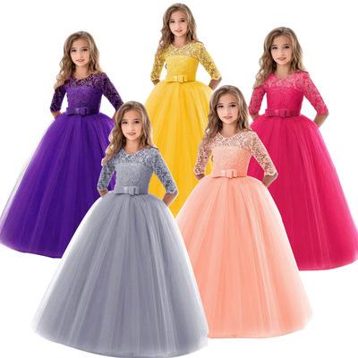 China New Anti-static Large Children's Princess Dress With Sleeves Lace Wedding Dress For Girls Piano Suit 5 Colors for sale