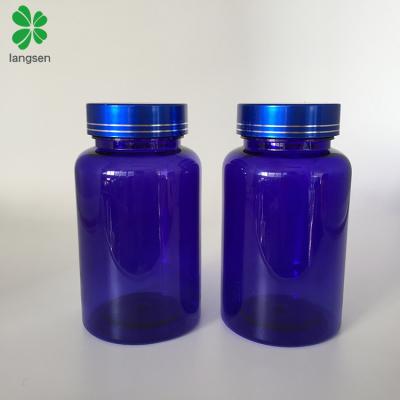 China 200ml Wide Plastic PET Cobalt Wide Mouth Capsule PET Capsule Tablet Bottle With Metal Cap Medicine Vitamin Pharmaceutical Pill Bottles for sale