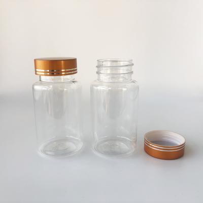 China 120ml plastic 120cc custom logo 120ml 120cc 4 oz pill packing bottle clear plastic 4 oz capsule tablet pill packing bottle container with gold screw cover cap lid for sale