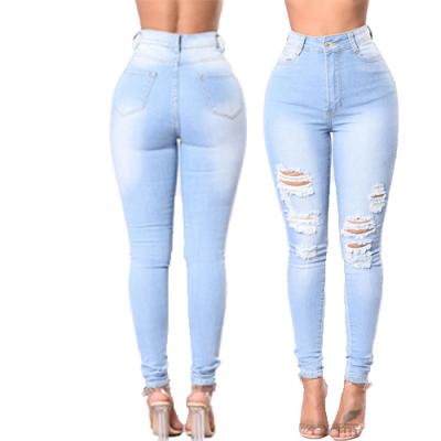 China Breathable American hot sale style skinny jeans women medium blue denim ripped ladies jeans for sale