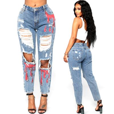 China Custom women breathable loose jeans damaged medium denim ripped jeans for ladies with painted wholesale for sale