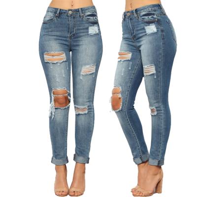 China 2018 breathable elastic skinny ripped denim women high waisted big size jeans for ladies for sale