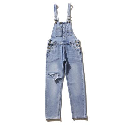 China High-waisted breathable denim suspender summer female rivet ripped holes leg pants high-elastic skinny jeans for young ladies for sale