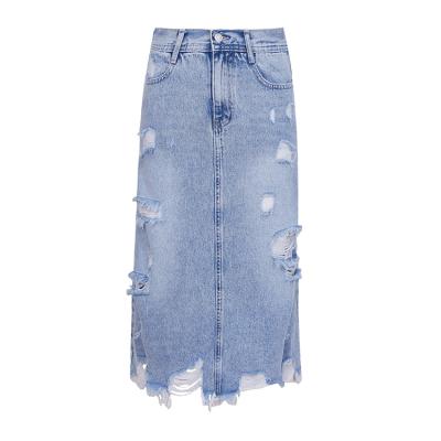 China Anti-Static Irregular Ripps Women's Skirt High Waist Denim Dress Light Color Female Distressed Skirt for sale