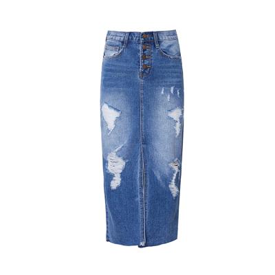 China Anti-Static Mid Long Women's Slim Fit Denim Skirt Ripped Holes A Line Front Button Lattice Buttocks Skirt for sale