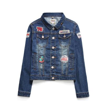 China Breathable Denim Jacket Letter Embroidery Sheath Long Slim Lattice Jackets With Pockets For Women Vintage Blue Washed for sale