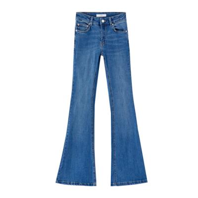 China 2019 Vintage New Breathable Quality Blue Mid Waist Flared Jeans For Women High Elastic Bell Bottom Pants Denim Pants Wholesale for sale