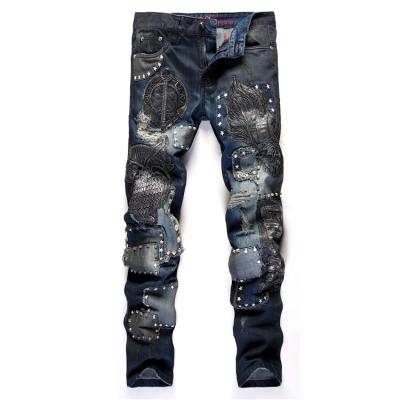 China Intricate Rivet Design Fashion Denim Men's Breathable Jeans Embroidery Ripped Holes Biker Motorcycle Jeans For Boys for sale