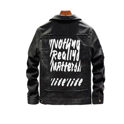 China Breathable full back letter printed denim field jacket for men stylish black washed field jacket for young boys for sale