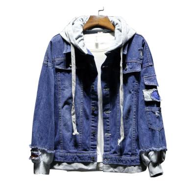 China Good quality breathable denim jacket boys hooded lattice jacket clearly ripped washed jackets for men for sale