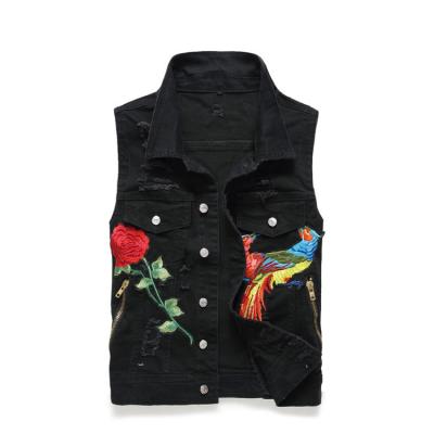 China Black high quality men's breathable embroidery denim vest ripped vest wholesale weskit for man for sale