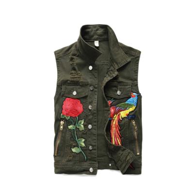 China Green good quality men's breathable embroidery denim vest ripped vest destoryed wholesale weskit for man for sale