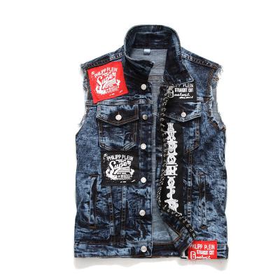 China New Anti-Shrink Arrive Mens Cowboy Denim Vest High Street Patches Fashion Blue Wash Boys Clothing Jeans Vests Jackets for sale