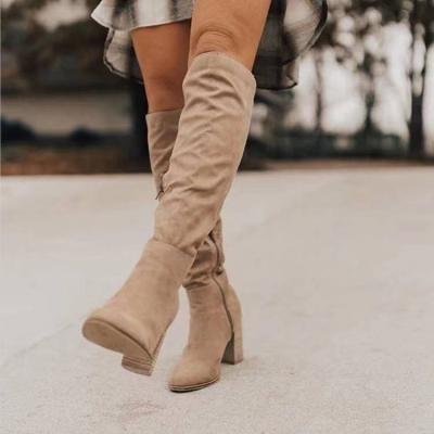 China New Arrivals Round 2021 Ladies Fashion PU Block Heel Shoes Women Slip On Knee High Boots for sale