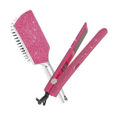 China Bling crystal diamond hair straightener and comb private label LCD display high temperature ceramic titanium flat iron for sale