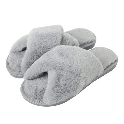 China CUSHIONING Plush Slippers Women's Stripe Warm Comfortable Slip Toe House Shoes Indoor Faux Fur Open Cozy Furry Soft Cross Rabbit Cross Over Breathable for sale